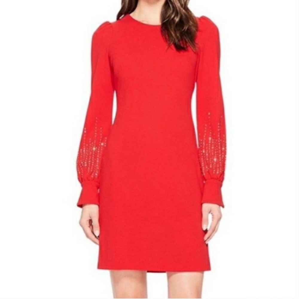 Calvin Klein Red Long-Sleeve Embellished Shift Dress